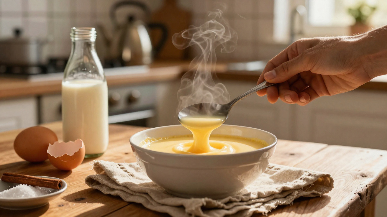 Mão segurando colher com creme quente fumegante em tigela sobre pano, ao lado de leite, ovo, canela e sal.