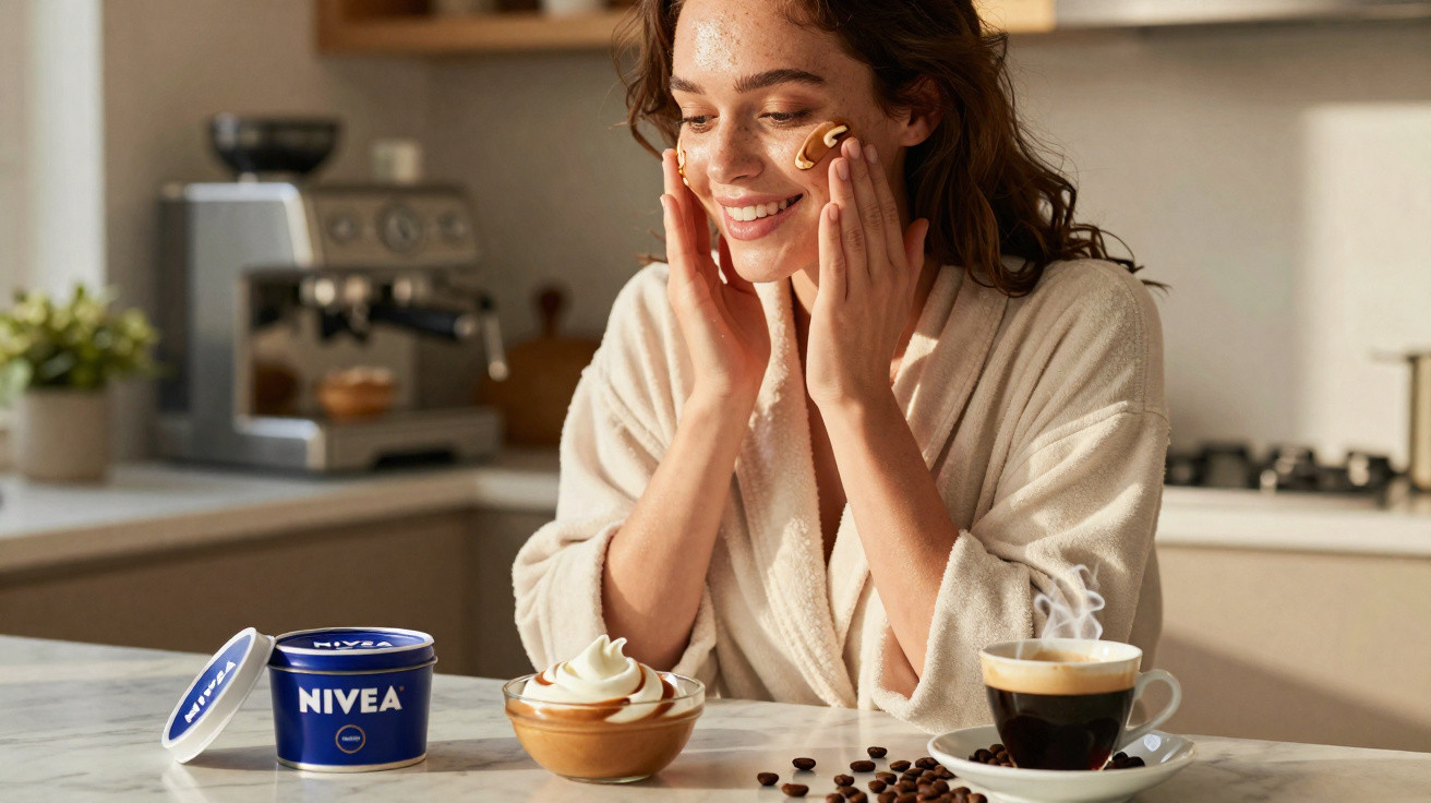 Mulher sorridente aplica creme no rosto na cozinha, com café, doce e pote de Nivea na mesa.