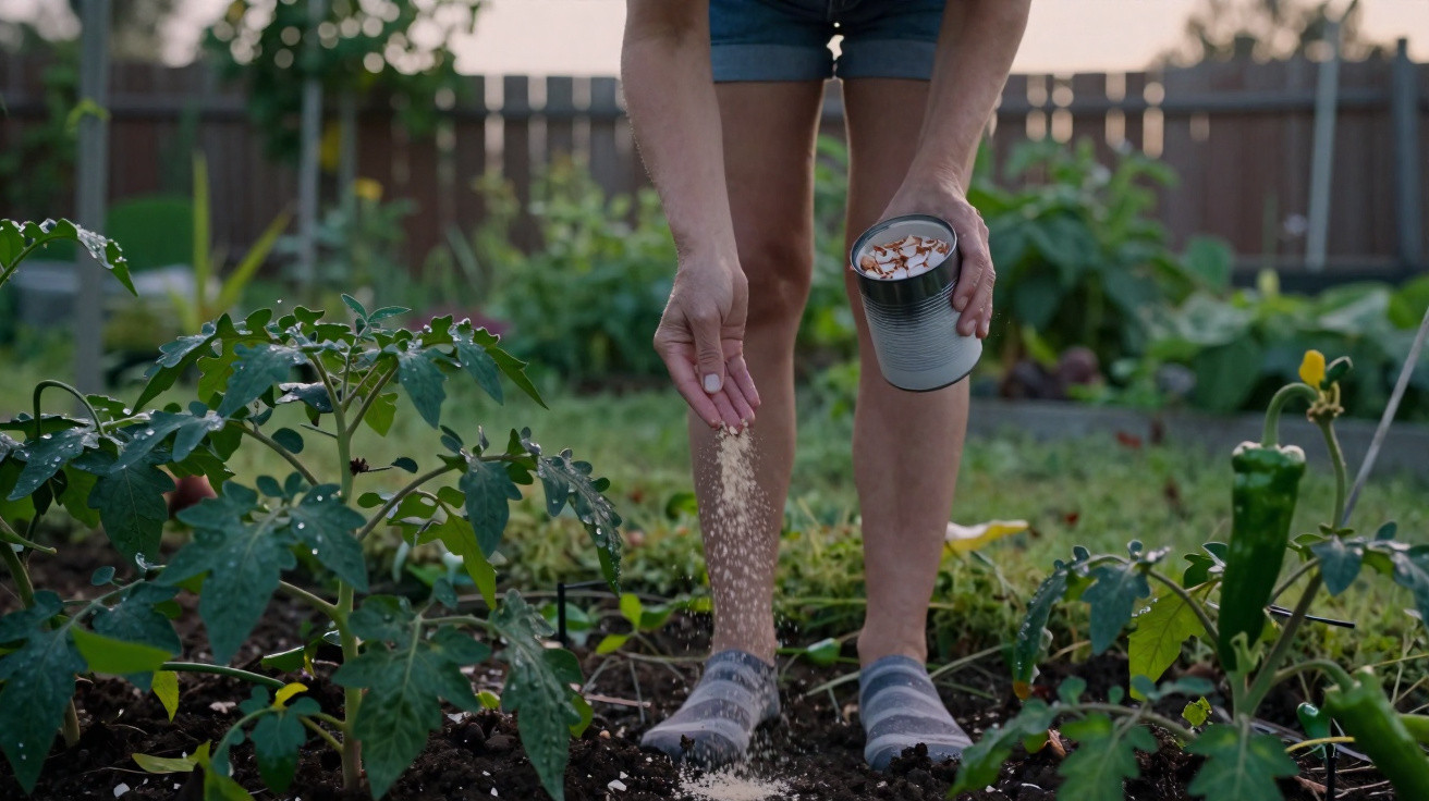 Pessoa espalhando fertilizante em plantas de horta caseira em jardim ao ar livre, ao entardecer.