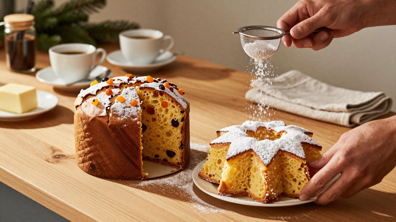 Pessoas polvilhando açúcar em bolo festivo com frutas, mesa com café, manteiga e pano ao fundo.
