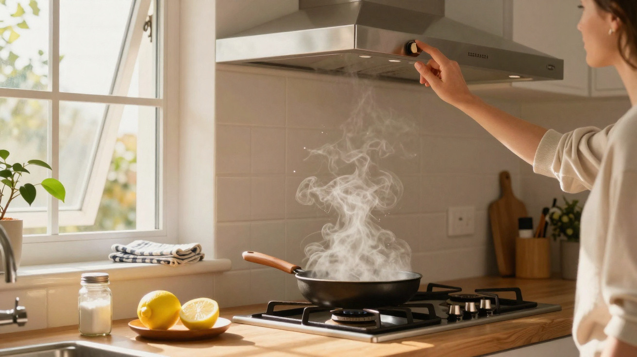 Pessoa ajustando coifa enquanto fumaça sai da panela no fogão em cozinha clara e arejada.