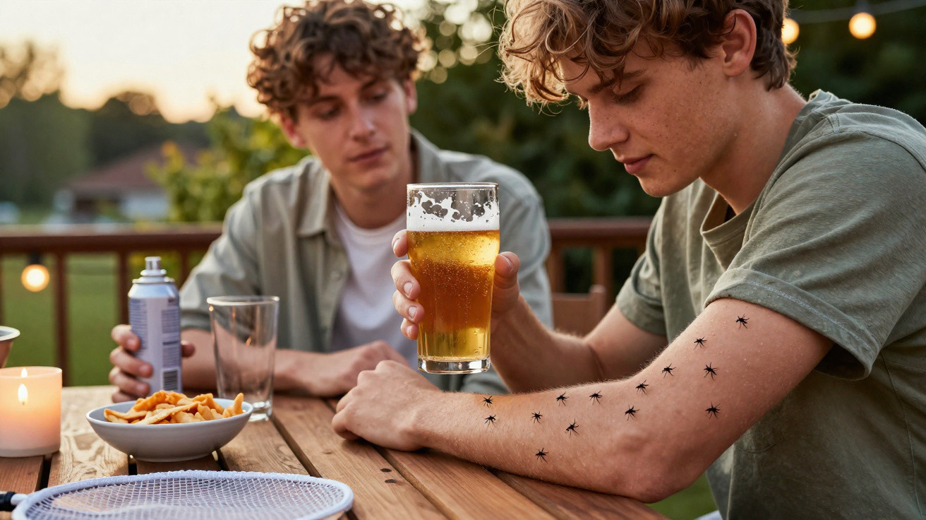 Jovem com pulgas no braço segurando copo de cerveja, com amigo sentado à mesa ao fundo, ao ar livre.