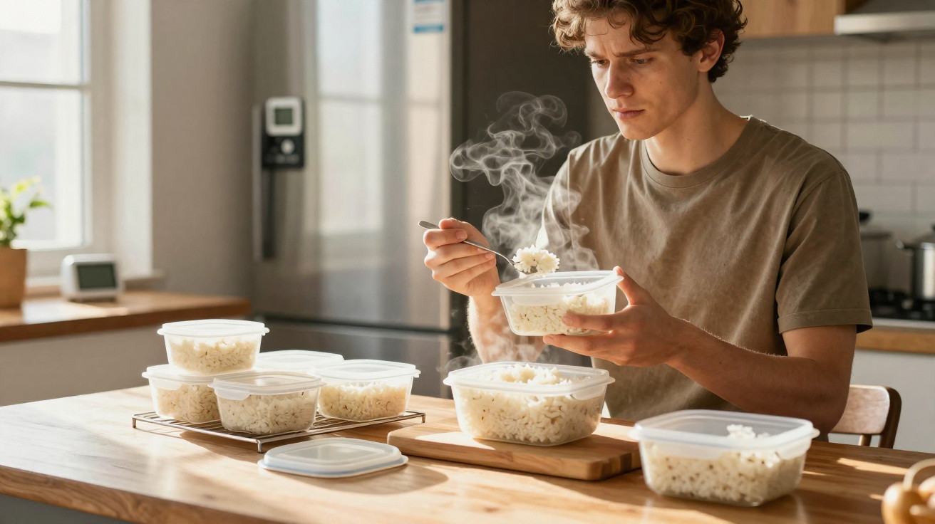 Jovem servindo arroz quente em potes plásticos na cozinha ensolarada durante o dia.