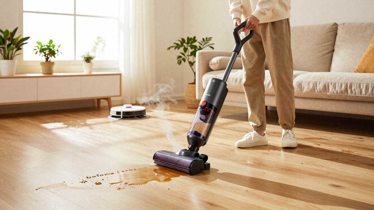 Pessoa limpando chão de madeira com aspirador a vapor em sala iluminada com sofá e plantas.