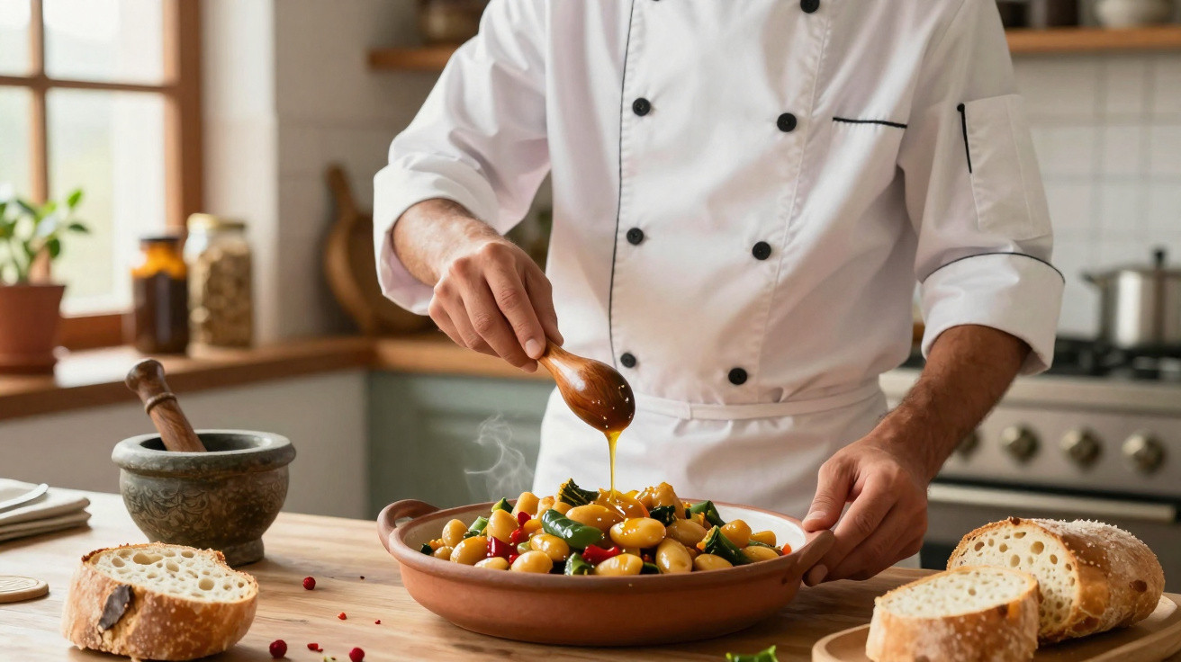 Chef em uniforme branco regando guisado de legumes em tigela de barro na cozinha rústica com pão ao redor.