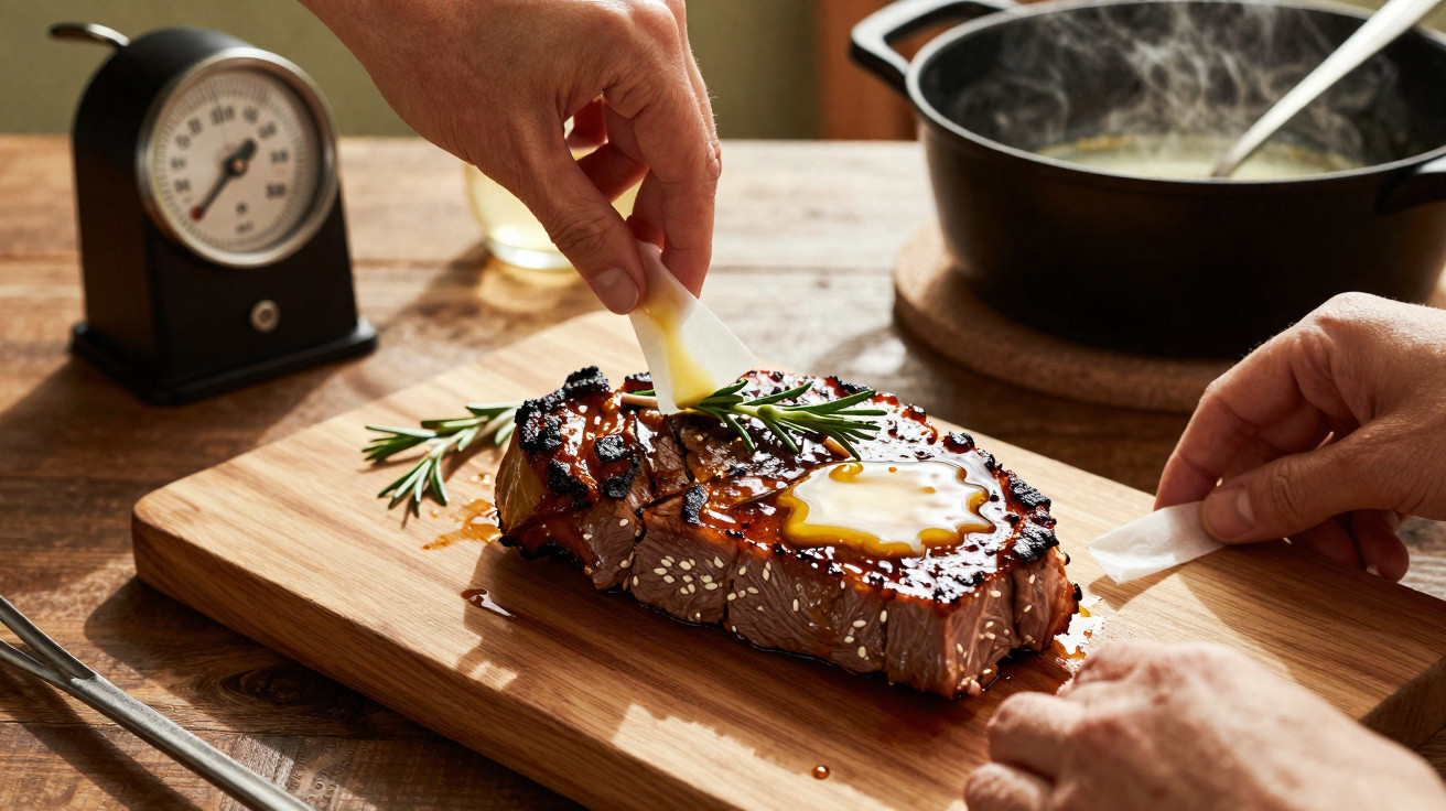 Mãos aplicando manteiga em bife grelhado com ervas sobre tábua de madeira na cozinha.