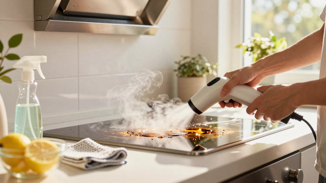 Pessoa limpando fogão elétrico com vaporizador de limpeza em cozinha bem iluminada.
