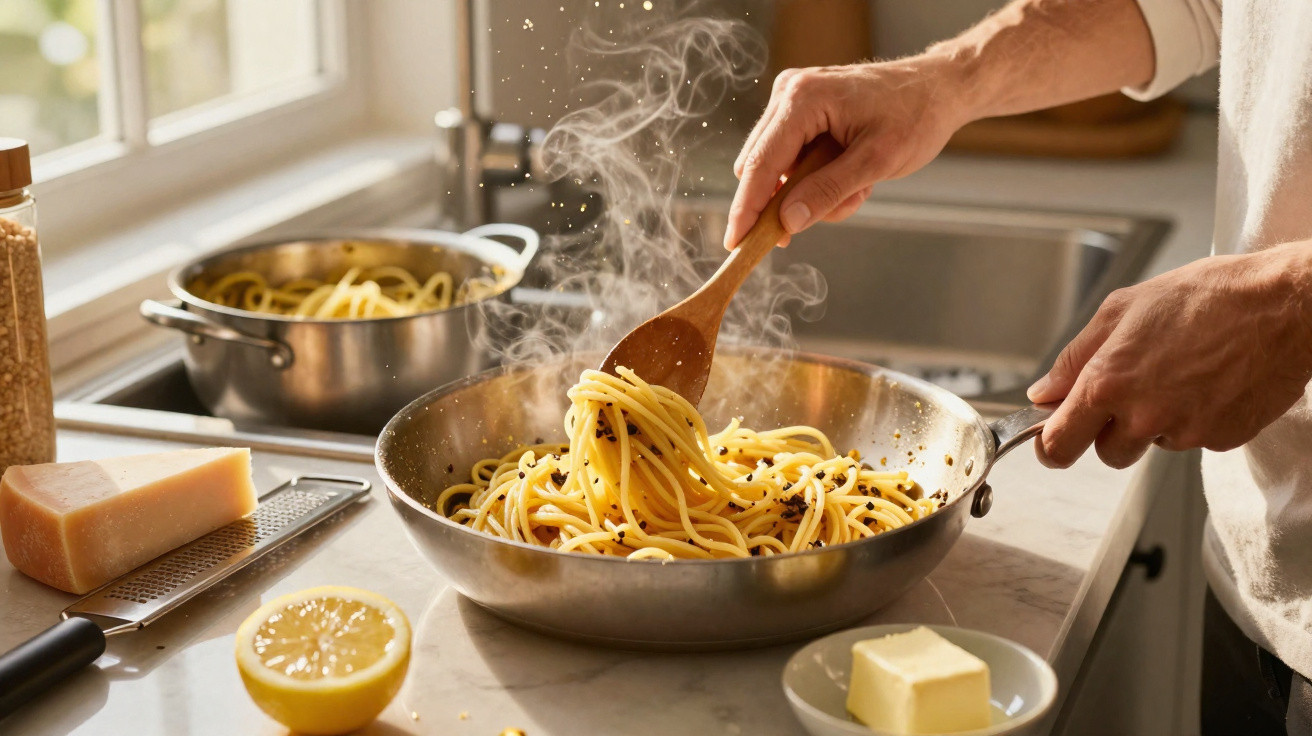 Pessoa mexendo espaguete quente em frigideira, com queijo, manteiga e limão na bancada da cozinha.