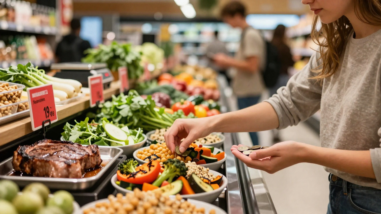 Mulher escolhendo alimentos frescos em mercado, segurando moedas na mão direita.