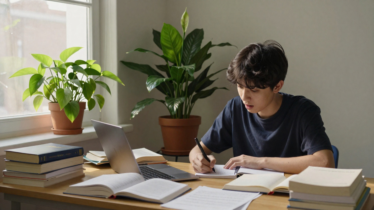 Jovem estudando à mesa com livros, caderno, laptop e plantas ao fundo em ambiente iluminado.