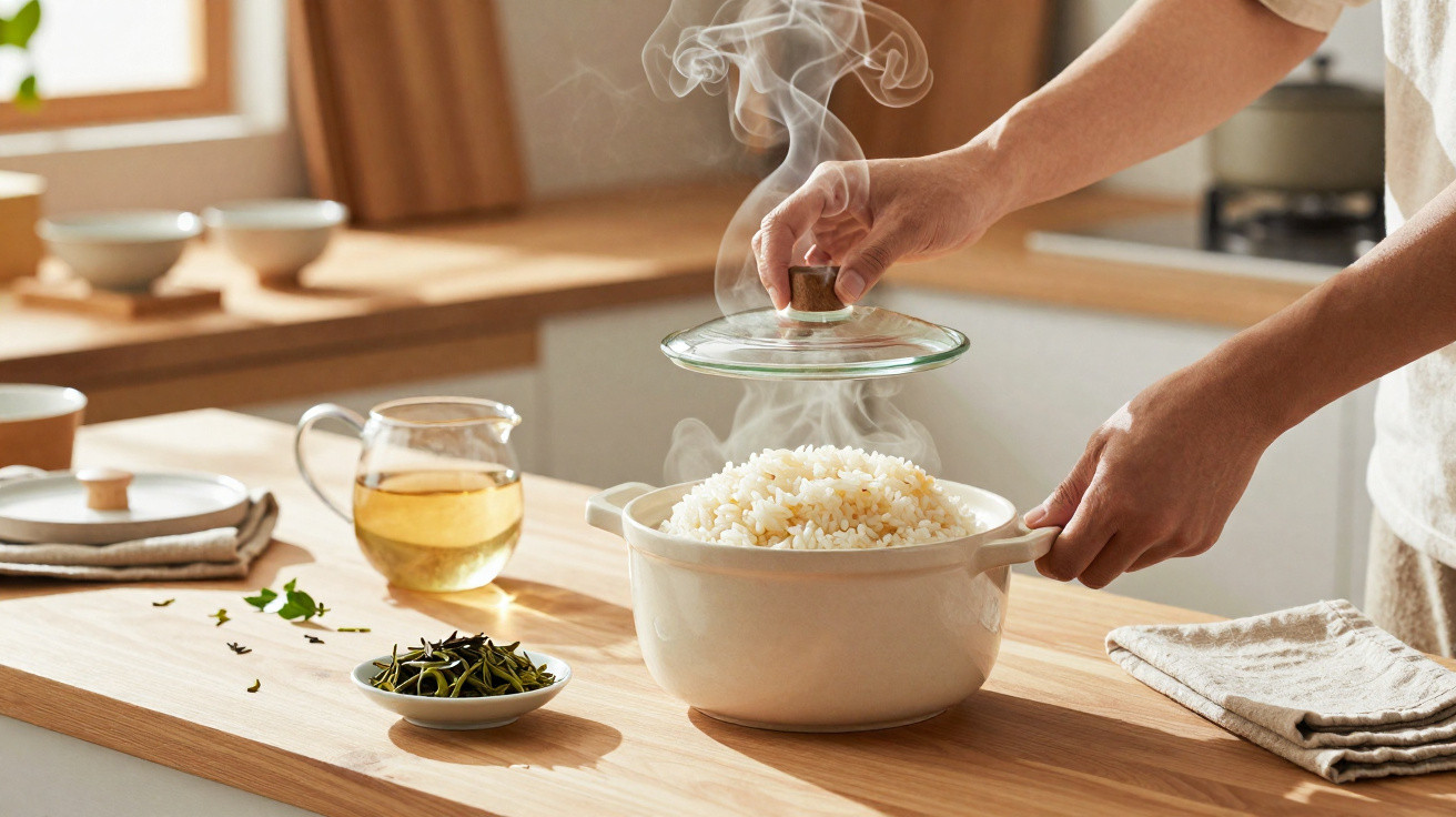 Pessoa abrindo a tampa de panela com arroz quente e vapor em uma cozinha clara e organizada.