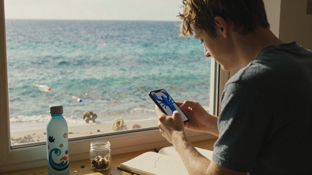 Jovem segurando celular e desenhando em caderno com vista para a praia e o mar ao fundo.