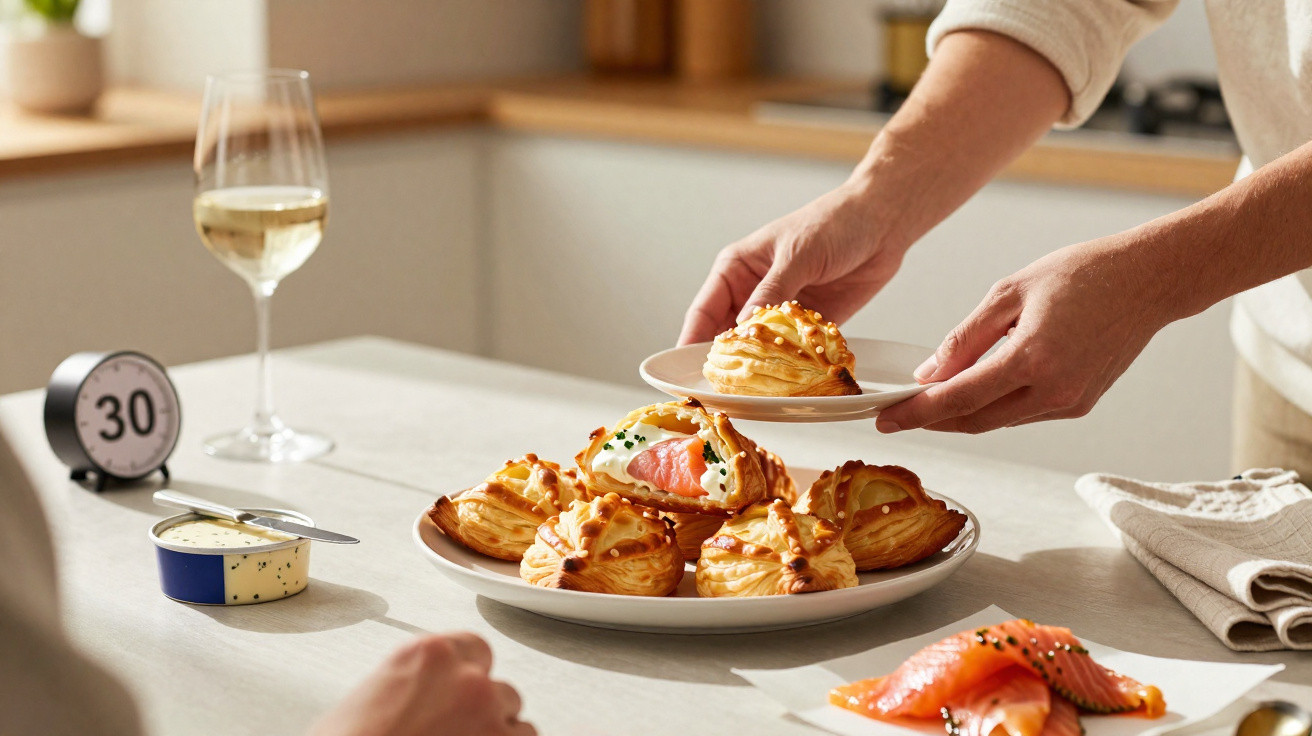 Pessoa servindo vol-au-vent com salmão defumado em mesa com taça de vinho branco.