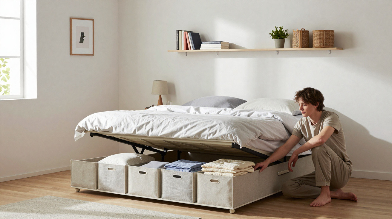 Homem abrindo gaveta organizadora sob cama clean e minimalista em quarto claro e arejado.