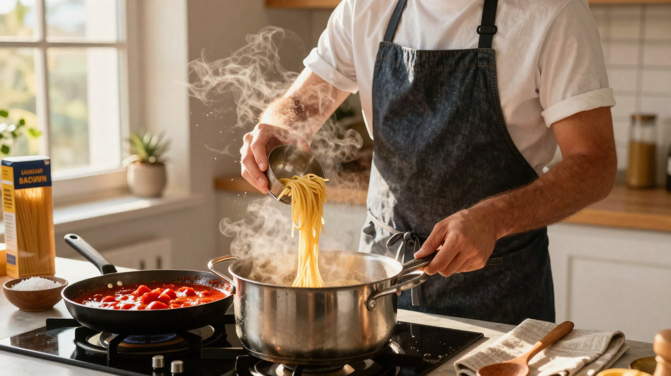Pessoa cozinhando macarrão com molho de tomate em cozinha iluminada por luz natural.