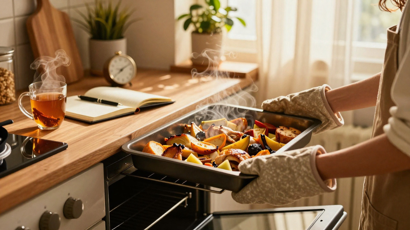 Pessoa retirando assadeira com legumes assados e fumegantes do forno em cozinha iluminada.