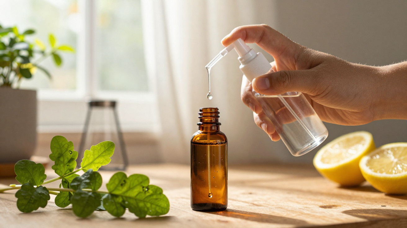 Mão pingando líquido transparente de frasco spray em frasco âmbar sobre mesa com limões e folhas verdes ao fundo.