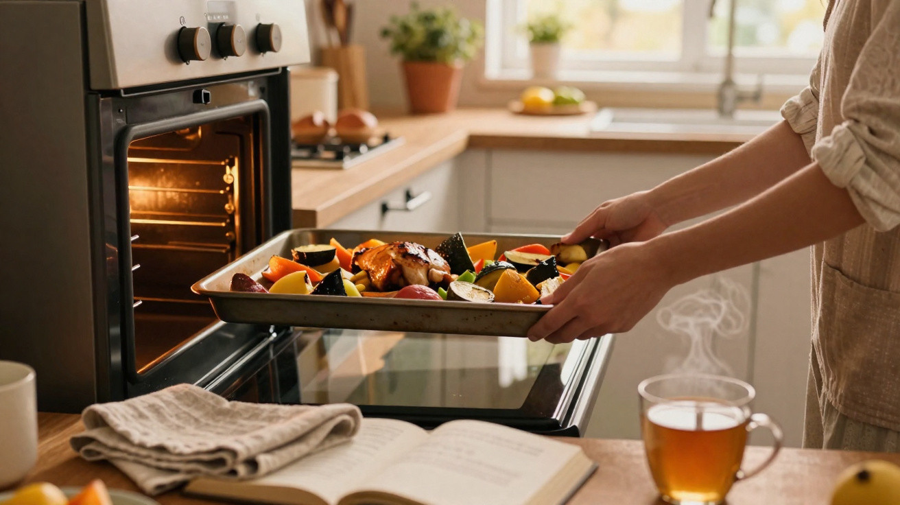Pessoa colocando assadeira com legumes e frango no forno em cozinha iluminada e acolhedora.