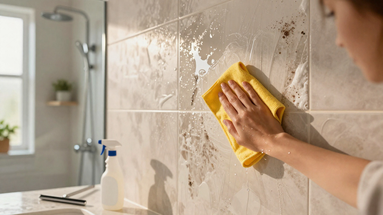 Pessoa limpando azulejo de banheiro com pano amarelo e spray de limpeza ao fundo.