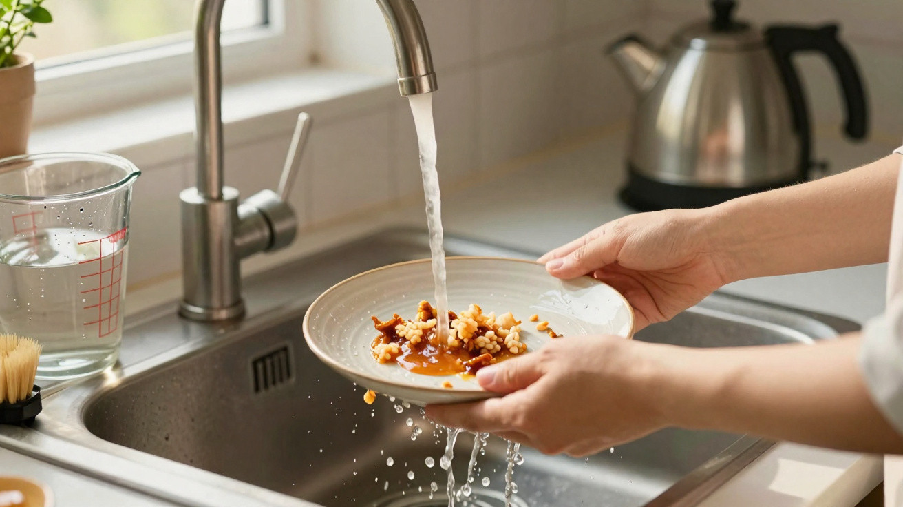 Pessoa lavando prato com restos de comida sob torneira na pia da cozinha.