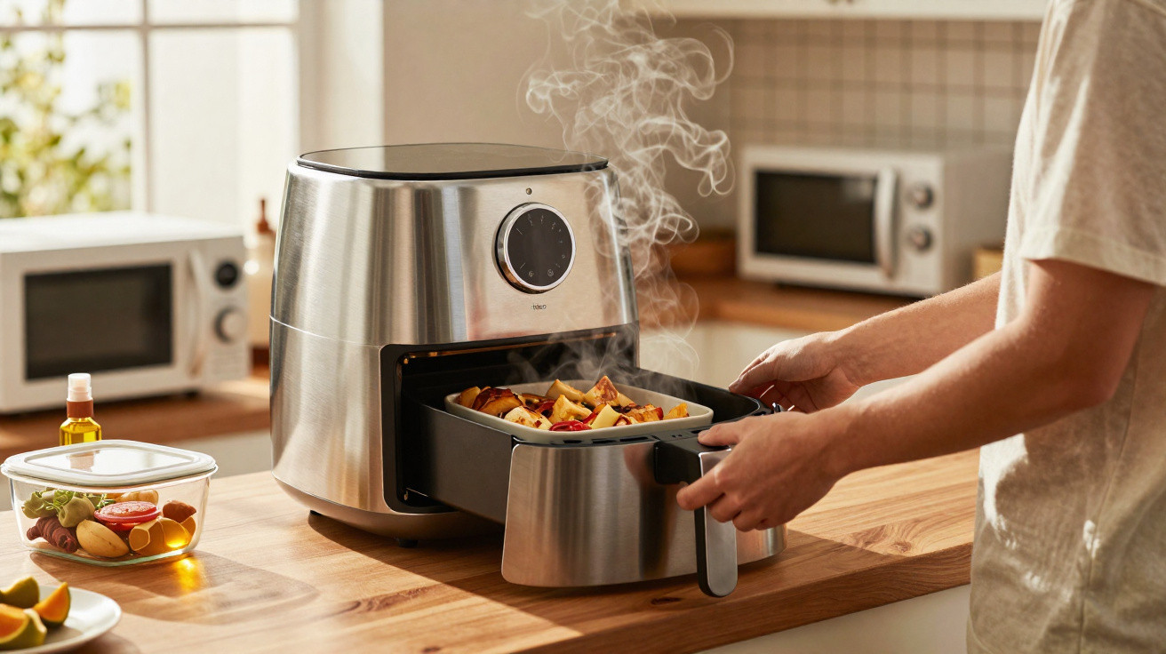 Pessoa retirando comidas quentes e fumegantes de uma air fryer metálica em uma cozinha doméstica.