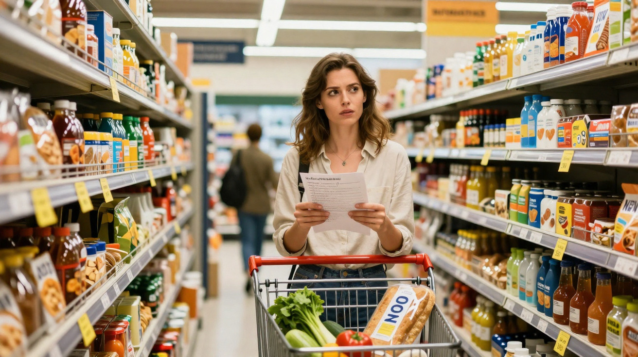 Mulher segurando lista de compras no corredor de supermercado, com carrinho e produtos variados nas prateleiras.