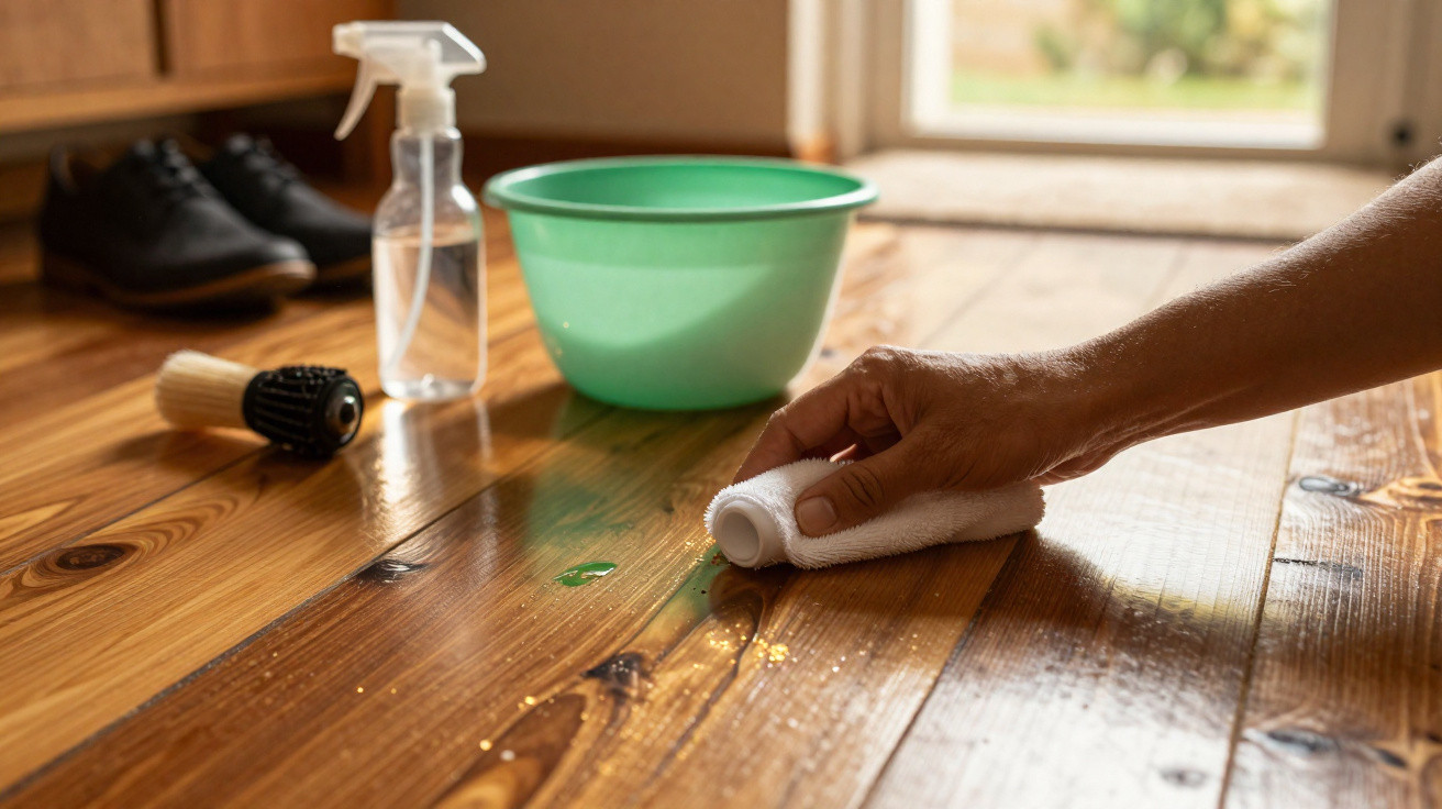 Mão limpando piso de madeira com pano branco, próximo a balde verde e produtos de limpeza.