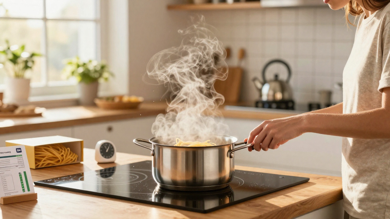 Pessoa cozinhando macarrão em panela com vapor saindo no fogão de indução em cozinha iluminada.