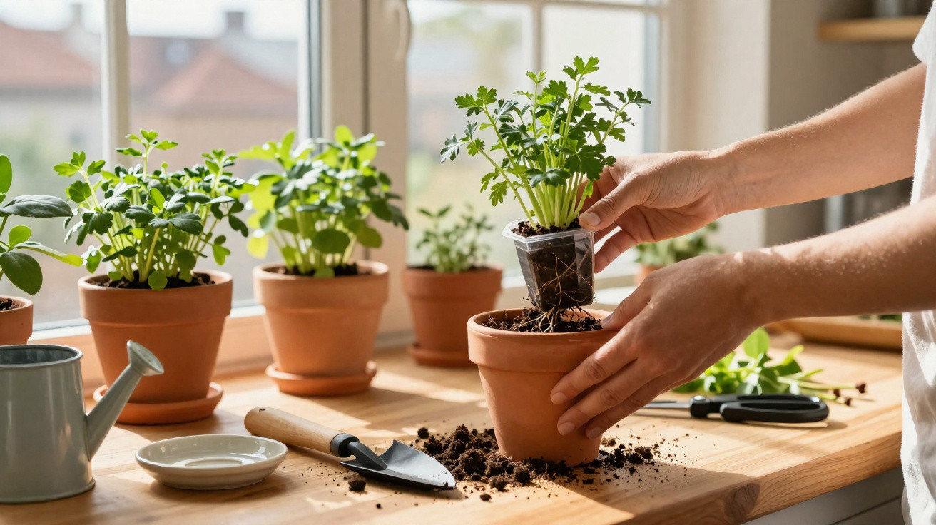 Mãos transplantando muda de planta em vaso de barro, com outras plantas e utensílios sobre mesa de madeira.