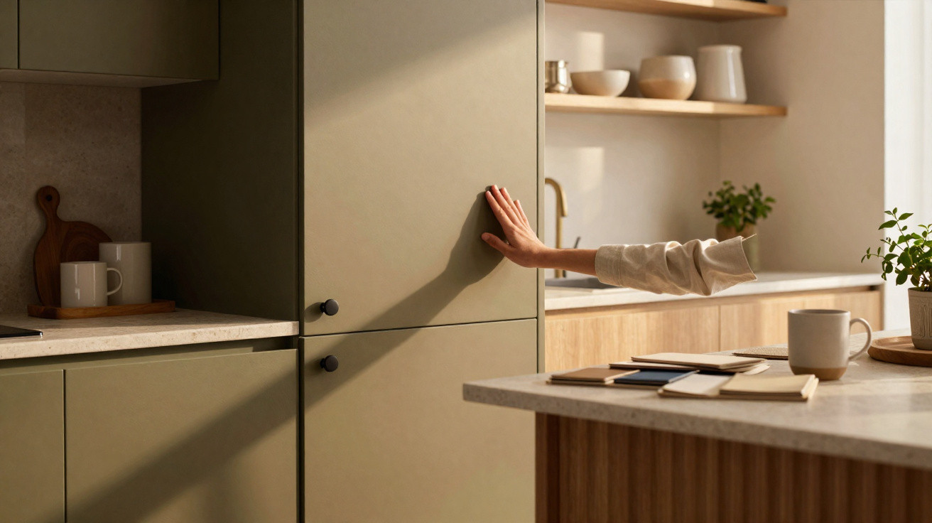 Braço alcançando puxador de armário verde em cozinha moderna com bancada e itens decorativos.