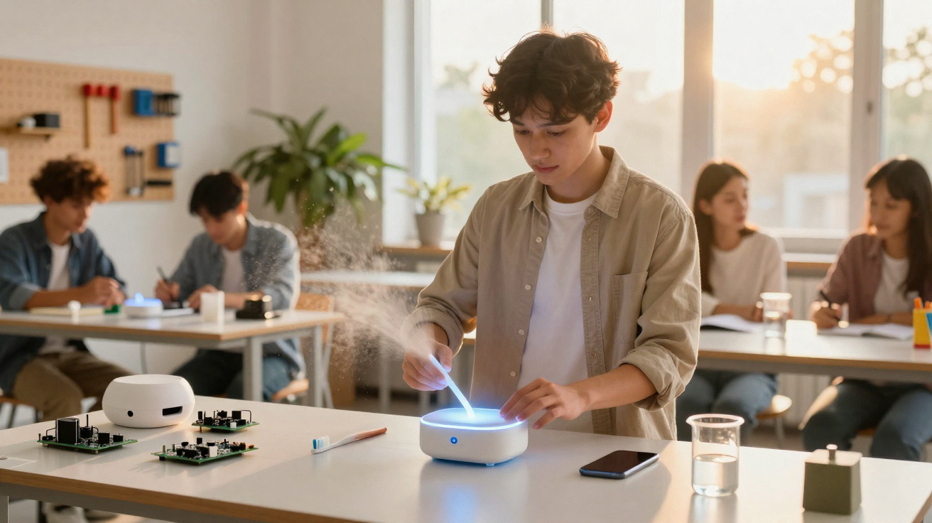 Jovem usando dispositivo tecnológico com luz azul em sala de aula moderna e iluminada pelo sol.