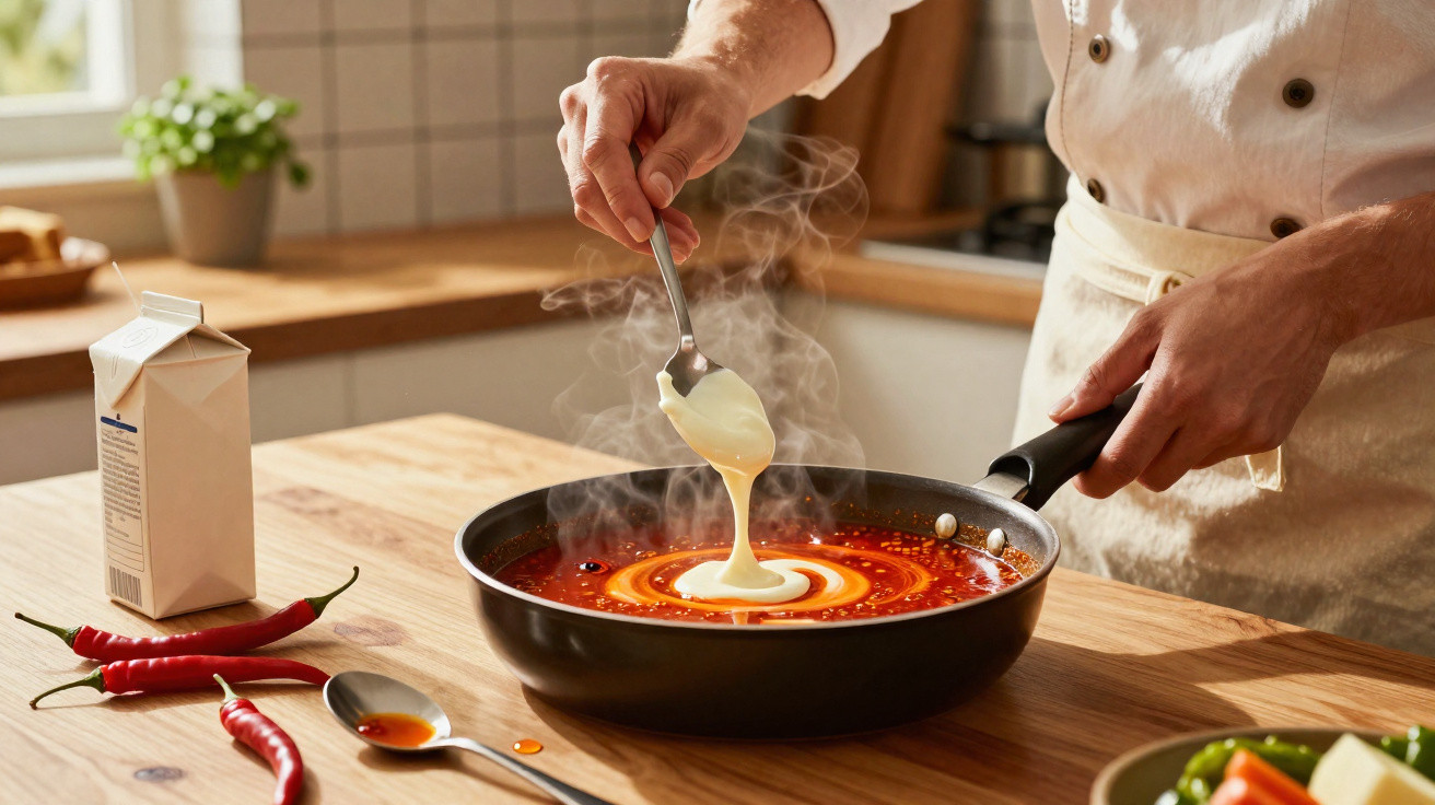 Pessoa adiciona creme em molho vermelho picante em frigideira na cozinha com pimenta e leite ao lado.
