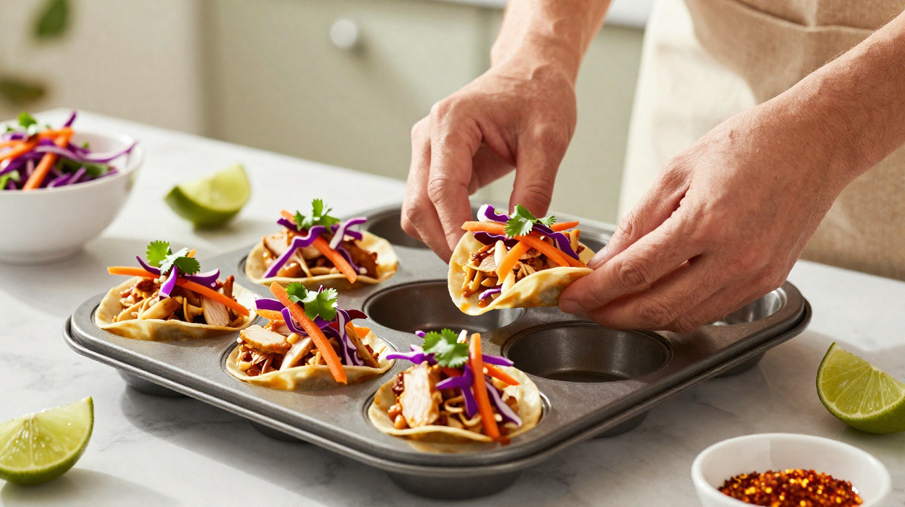 Pessoa colocando mini tacos com frango e legumes em forma de cupcakes sobre bancada na cozinha