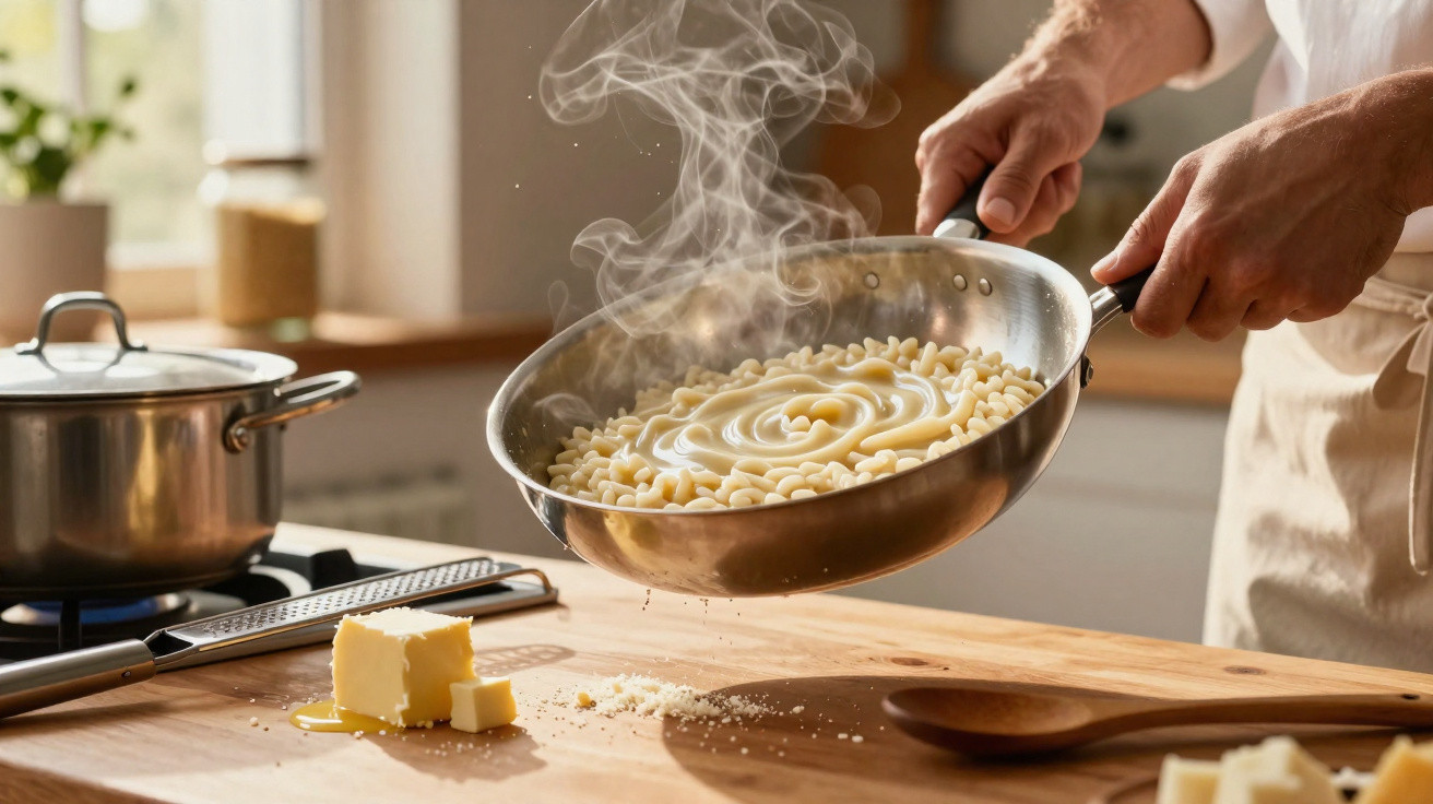 Pessoa mexendo macarrão com molho cremoso em frigideira com vapor acima, em cozinha iluminada natural.