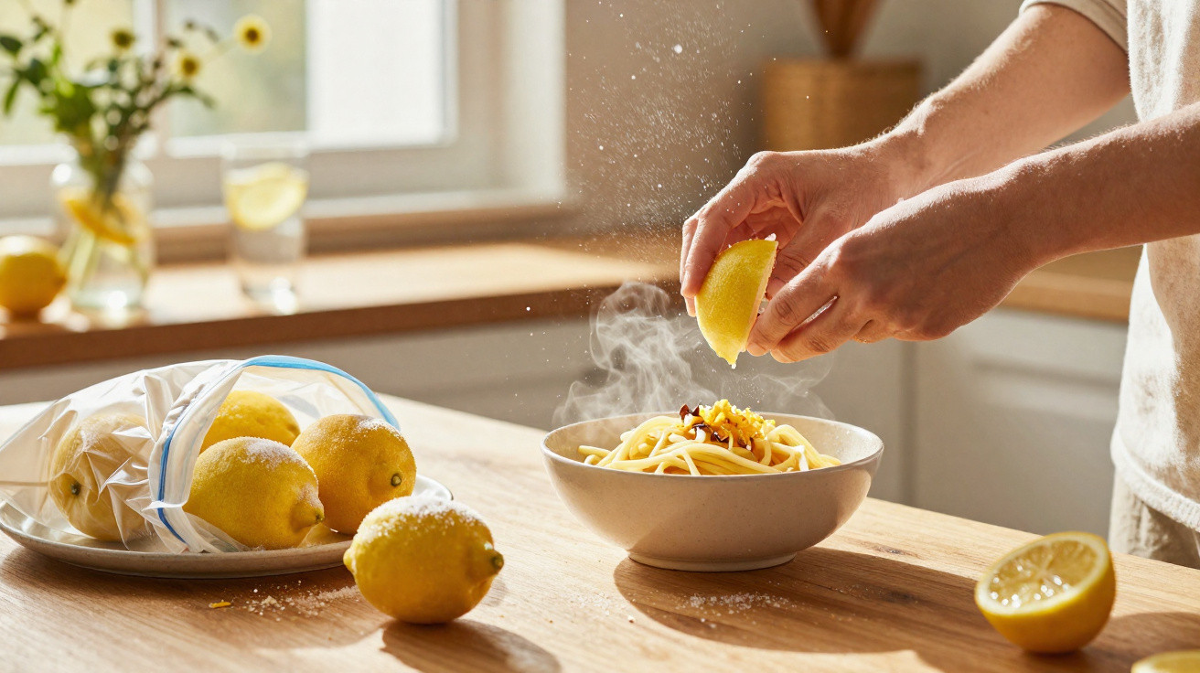 Mãos espremendo limão sobre prato de macarrão em cozinha com limões e vidro ao fundo.