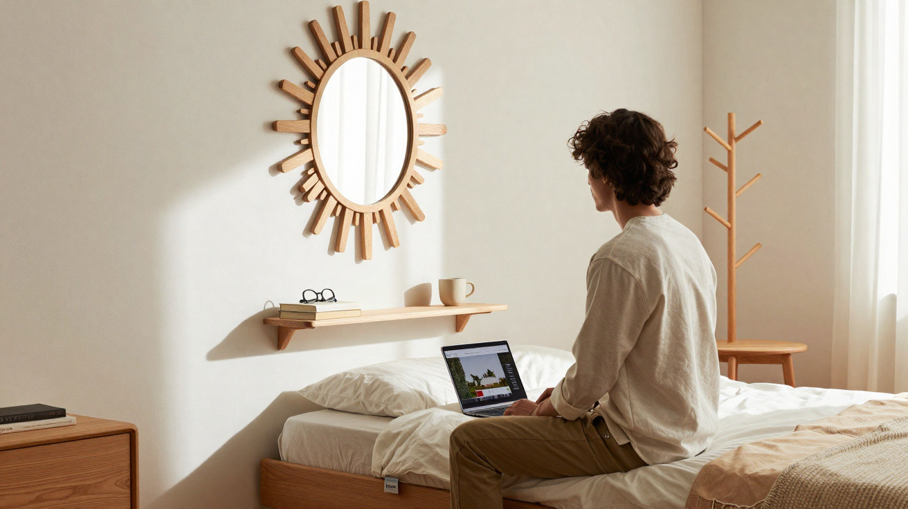 Homem sentado na cama usando laptop em quarto minimalista com espelho redondo decorativo.
