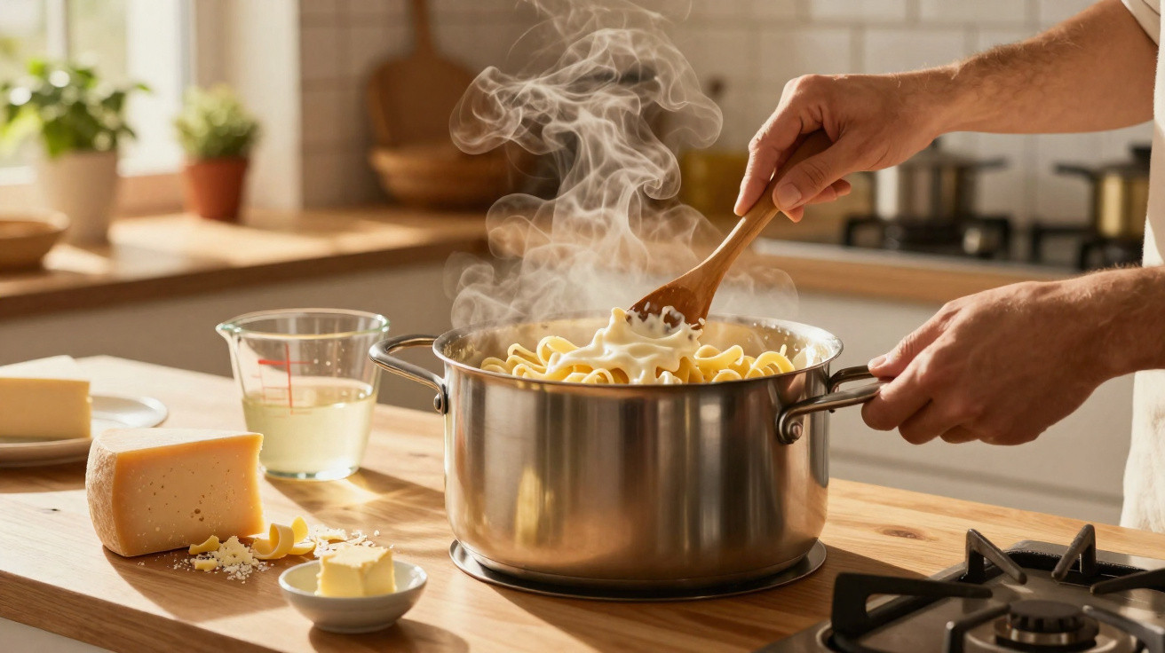Pessoa mexendo macarrão com molho em panela na cozinha com ingredientes ao lado sobre bancada de madeira.