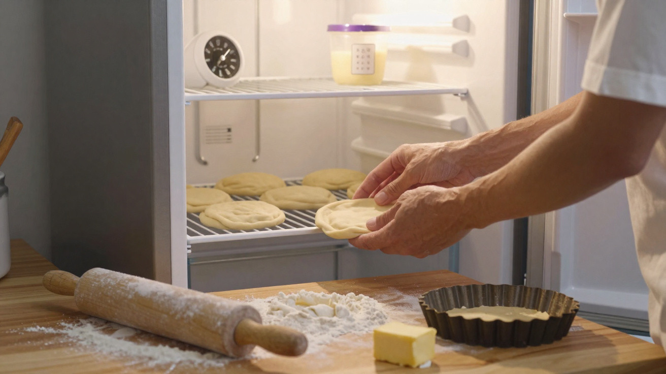 Mãos colocando massa em geladeira, bancada com rolo, farinha, manteiga e forma para torta.
