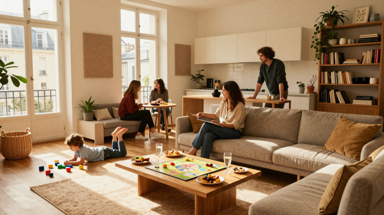 Família reunida em sala clara, crianças brincando no chão e adultos conversando e lendo no sofá e na cozinha.