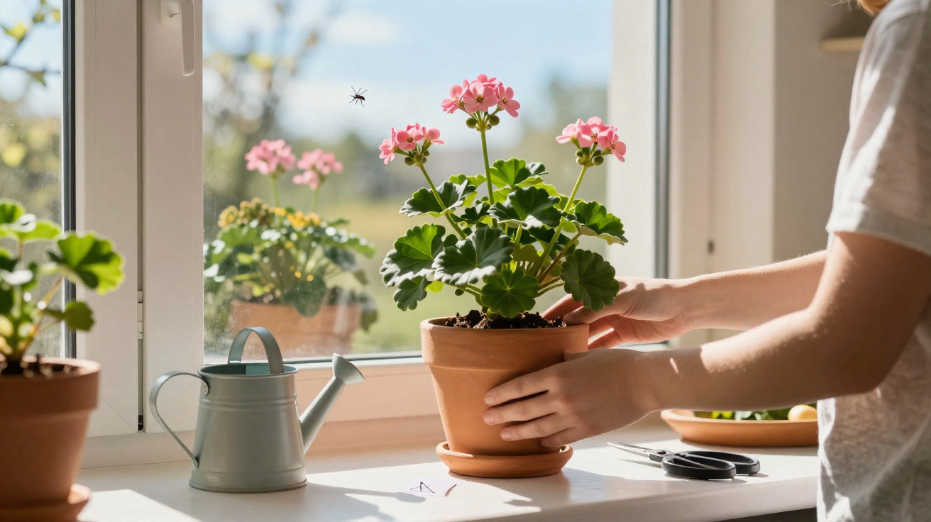 Pessoa cuidando de vaso com gerânios rosas próximo a janela ensolarada, regador e tesoura ao lado.