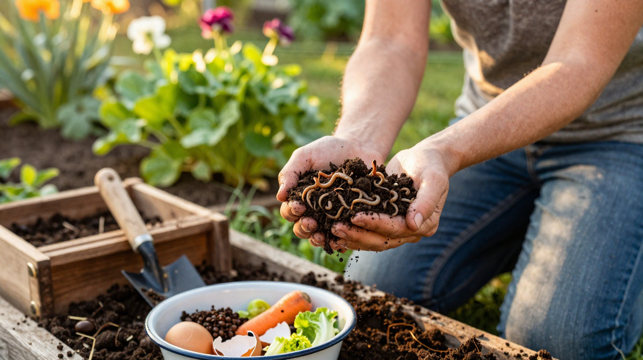 Pessoa segurando terra com minhocas para compostagem em horta com utensílios de jardinagem e restos de comida ao lado.