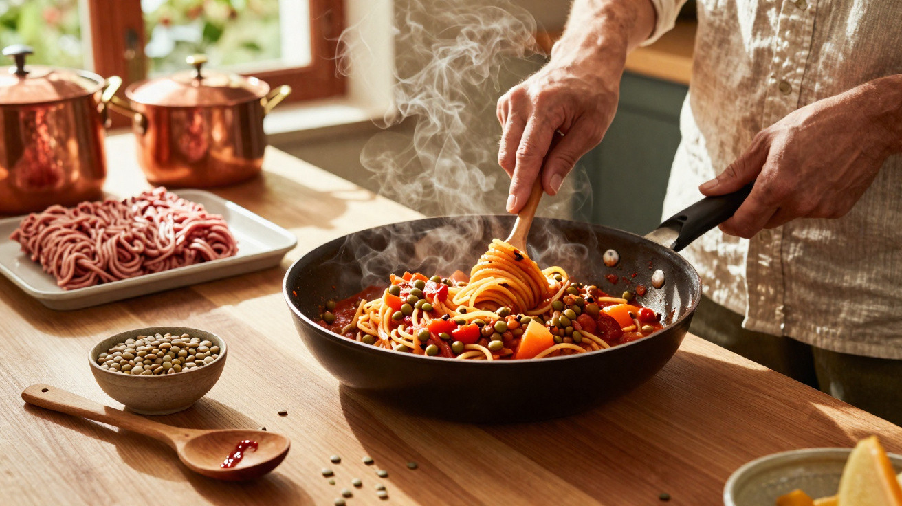 Mãos preparando espaguete com molho de lentilhas e legumes em frigideira na cozinha iluminada natural.