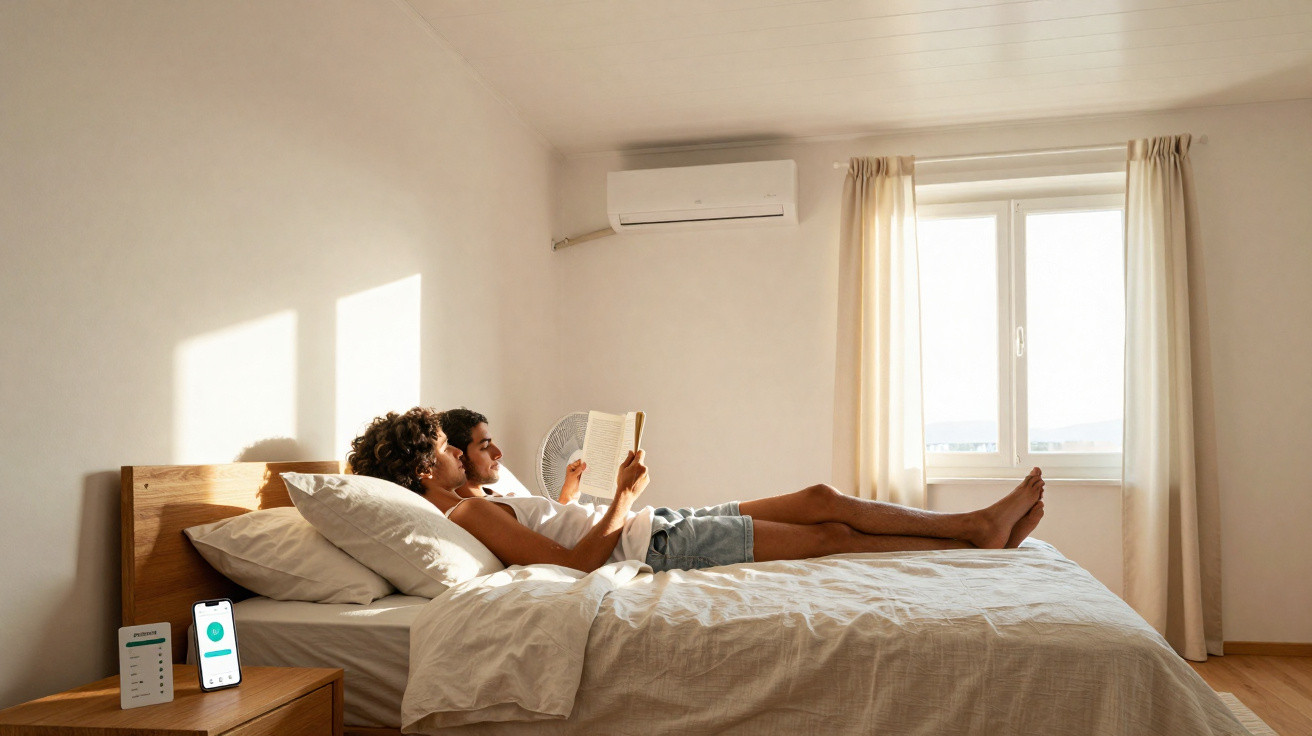 Casal deitado em cama de quarto iluminado por luz natural, com ar-condicionado e smartphone na mesinha ao lado.