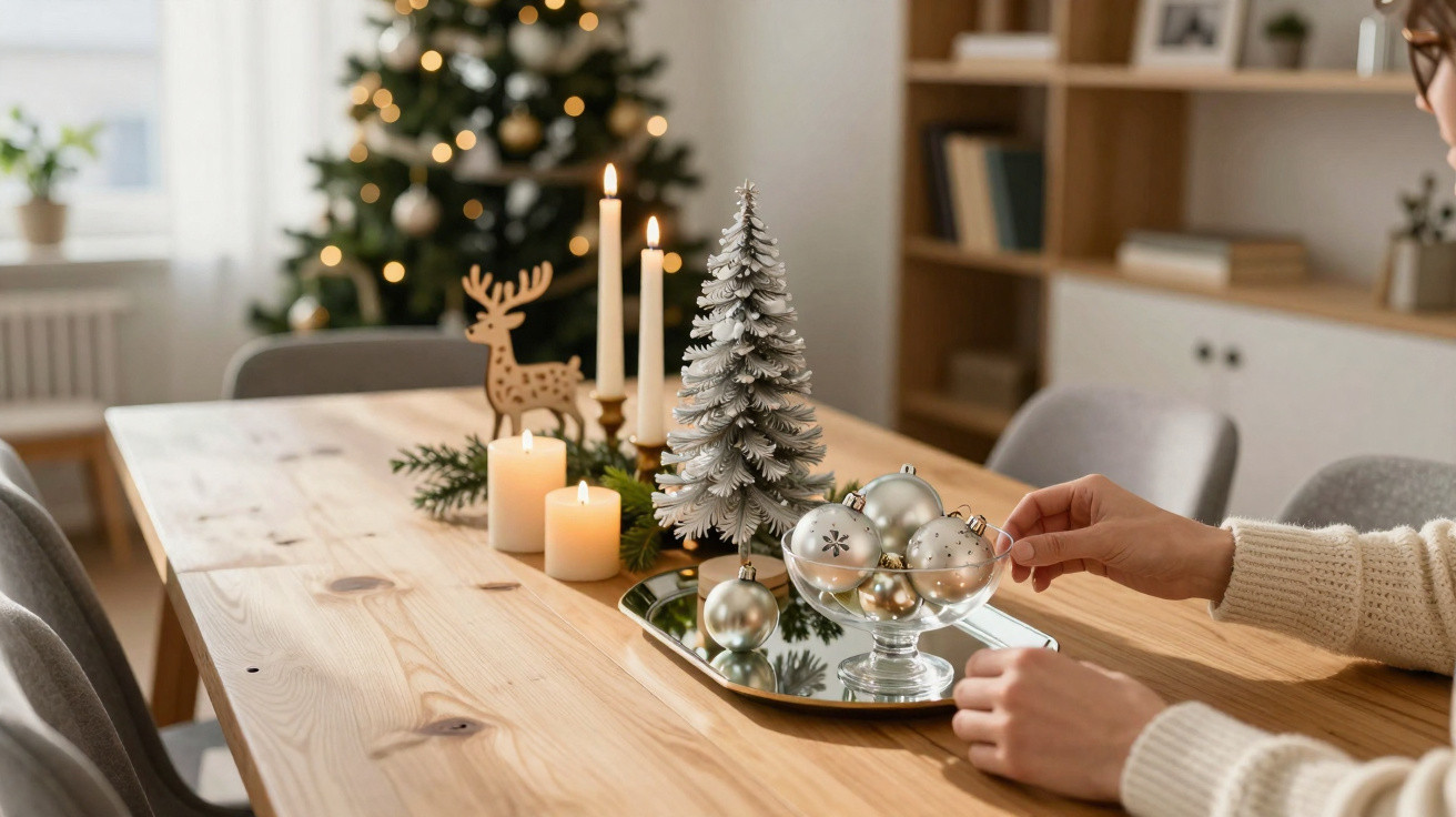 Decoração natalina em mesa de madeira com velas, enfeites prateados e árvore de Natal desfocada ao fundo.