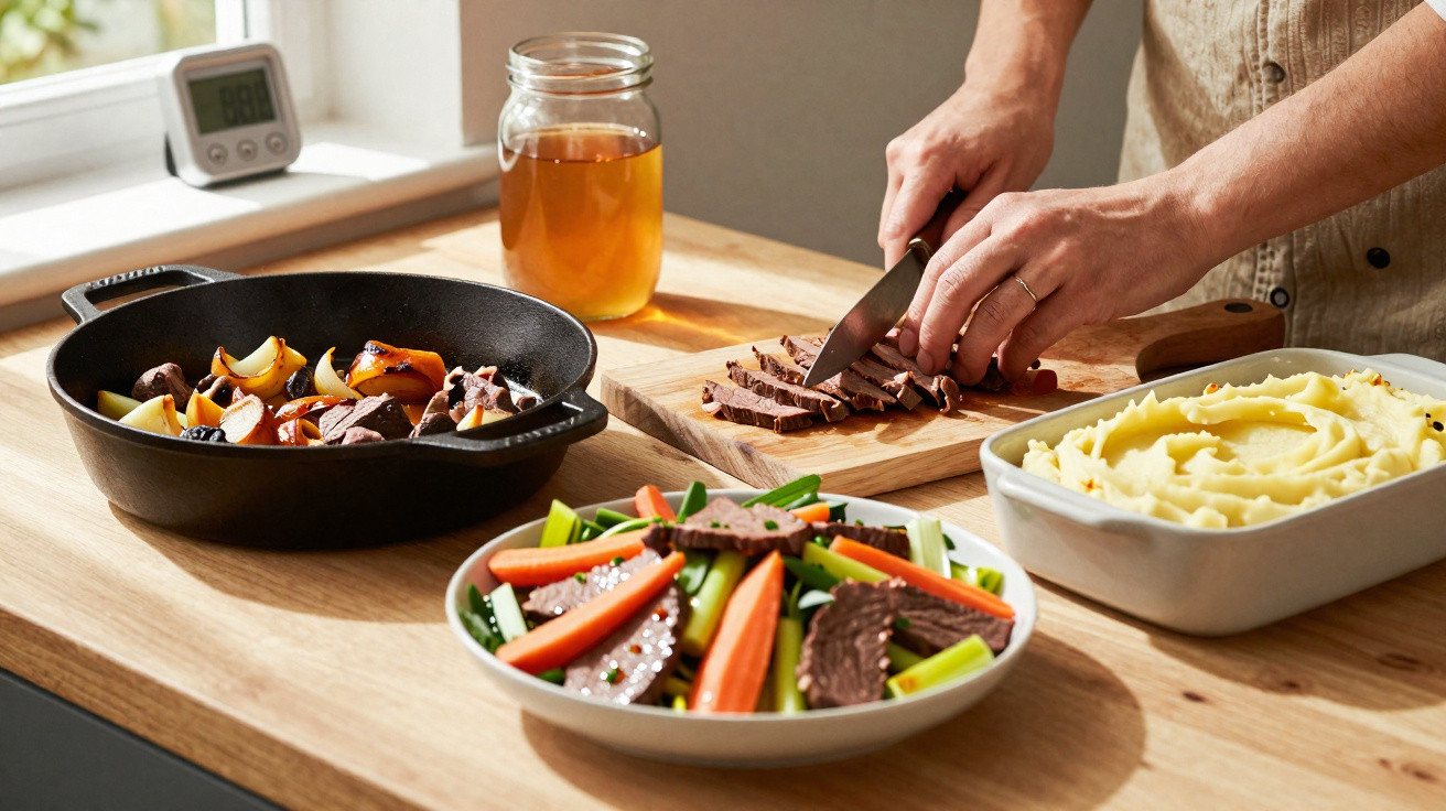 Pessoa cortando carne ao lado de pratos com legumes, purê de batata e jarra de líquido sobre mesa de madeira.