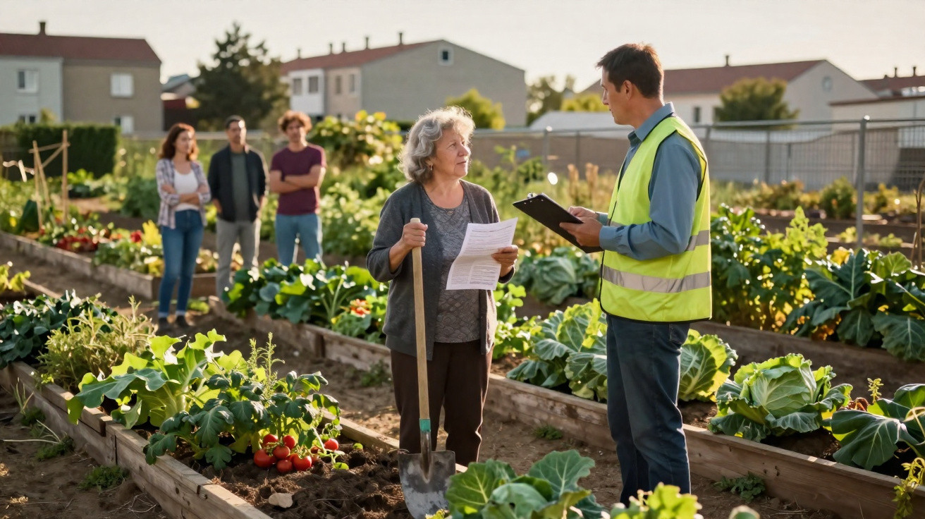 Idosos e adultos conversando em horta comunitária urbana com plantas e hortaliças ao redor durante o dia.