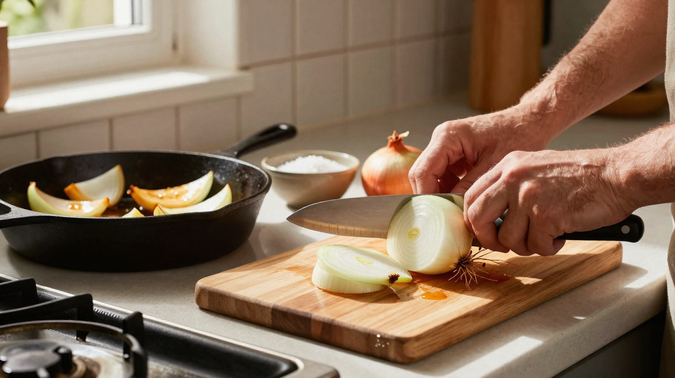 Pessoa cortando cebola em tábua de madeira na cozinha com cebola e temperos ao fundo.