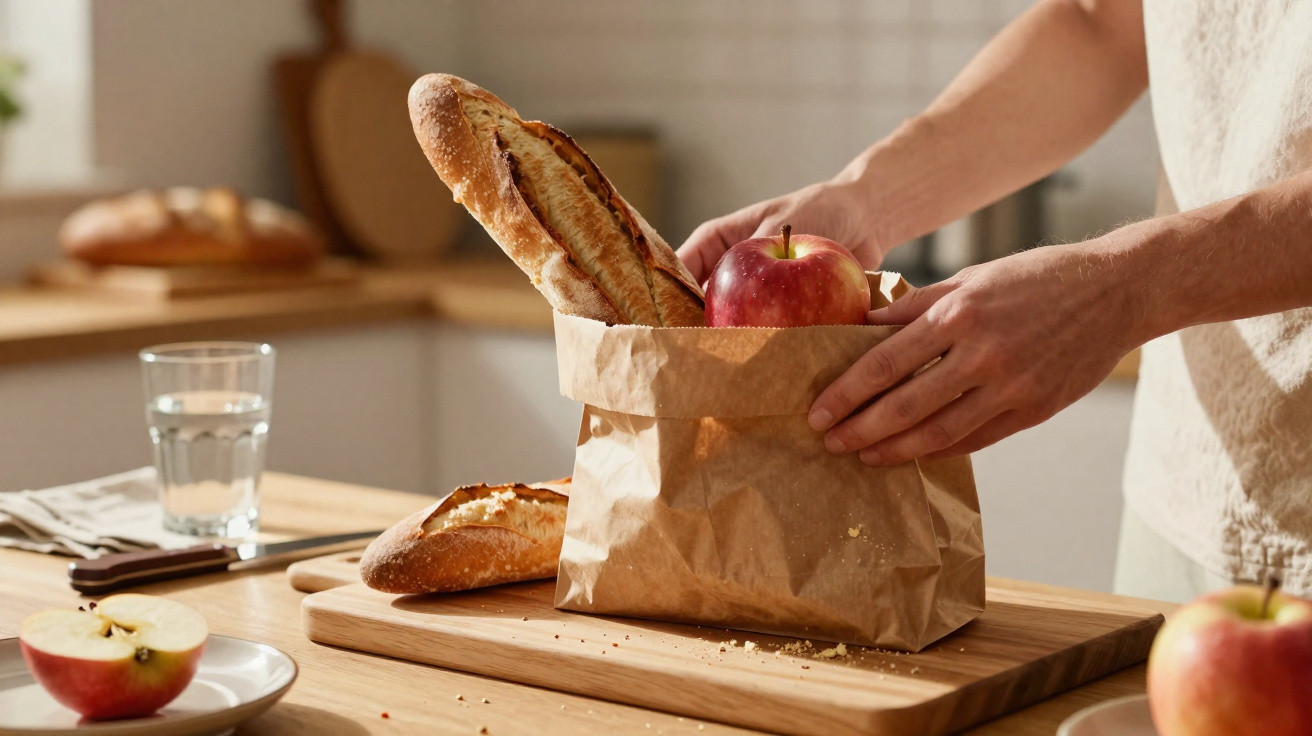 Pessoa colocando pão e maçã em sacola de papel em cozinha com mesa de madeira clara.