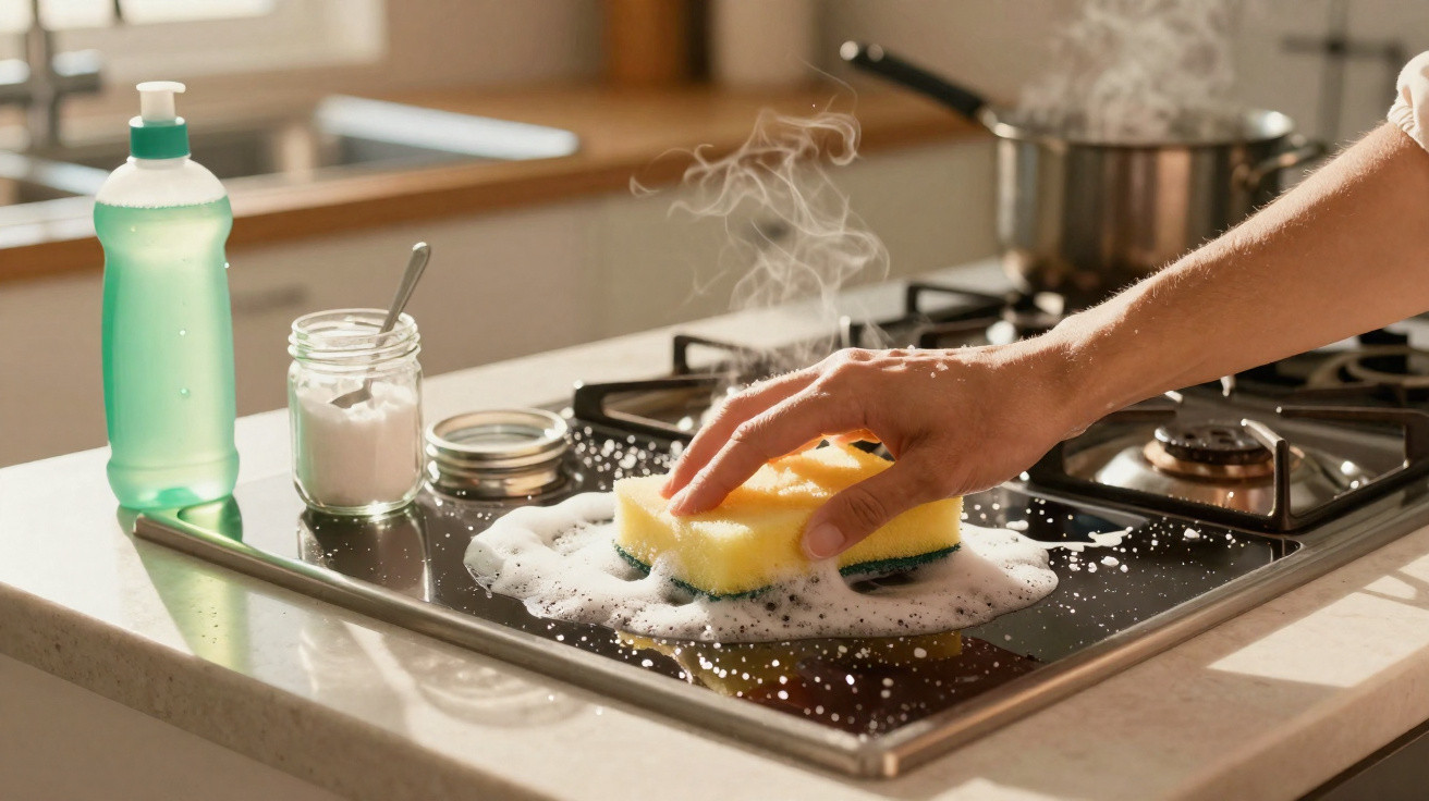 Mão limpando fogão a gás com esponja amarela e espuma de detergente em cozinha iluminada.
