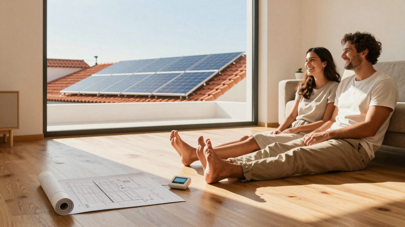 Casal sentado no chão de casa olhando painéis solares no telhado pela janela grande.